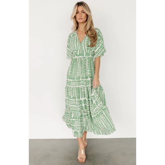 Baltic Born Austin Kimono Dress Midi Fit Flare Retro Green Print Large - Picture 6 of 15